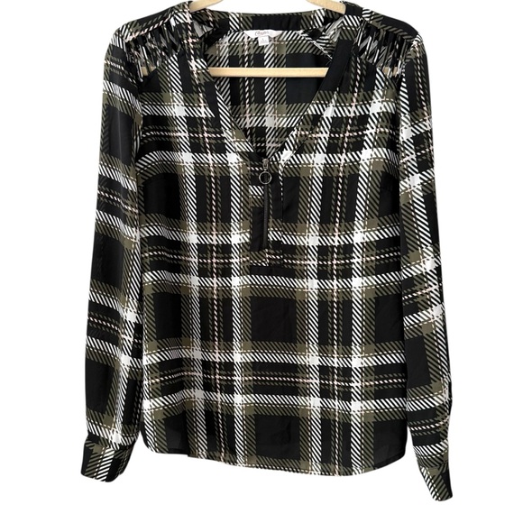 Candie’s Large Black White Plaid Zip Front Blouse Long Sleeve Cutout Shoulder - Picture 1 of 6